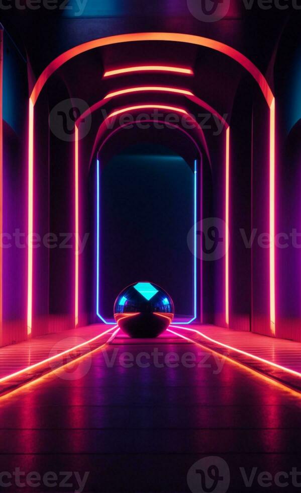 3d render. Geometric figure in neon light against a dark tunnel. Laser glow.. AI generated photo