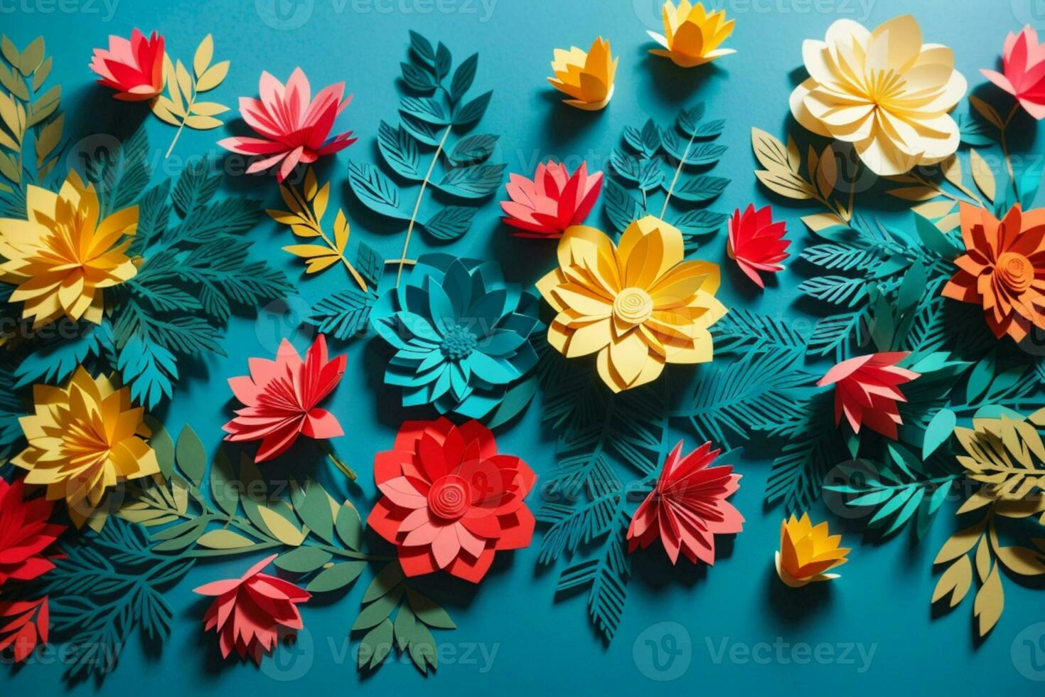 top view of colorful paper cut flowers with green leaves on blue background with copy space. AI generated photo