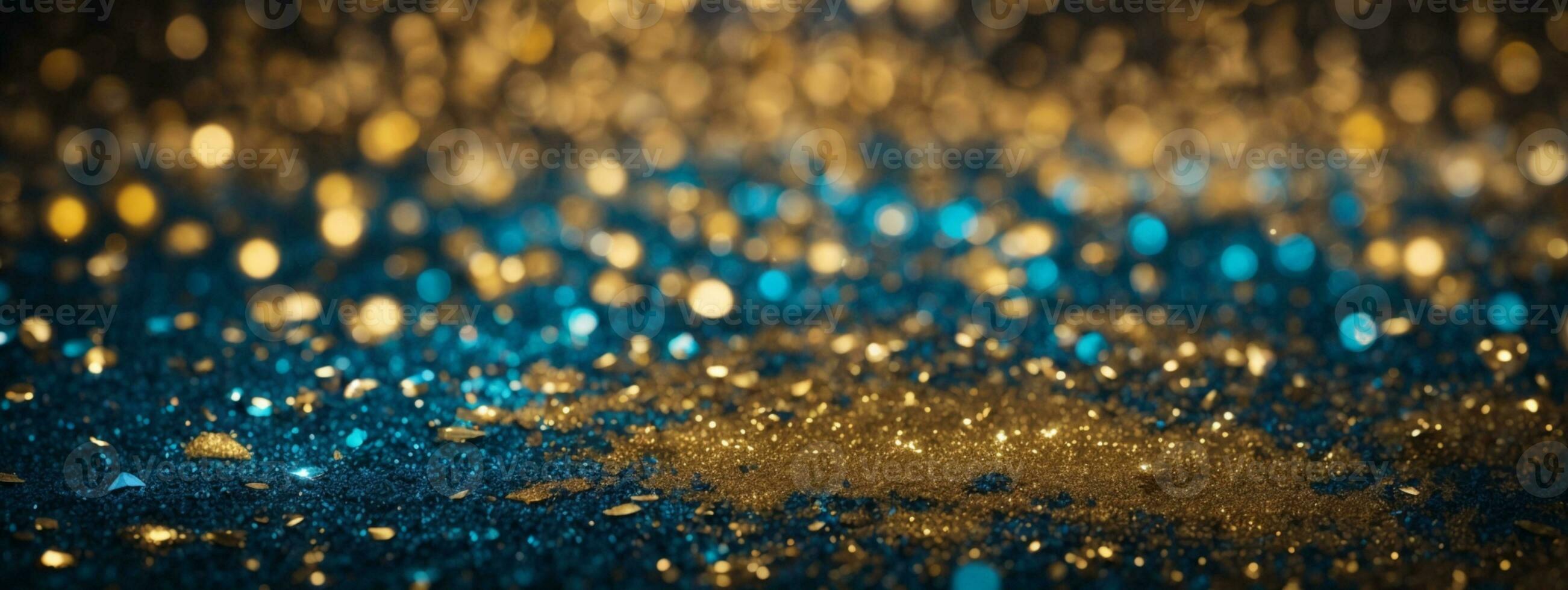 blackground of abstract glitter lights. blue, gold and black. de focused. banner. AI generated photo