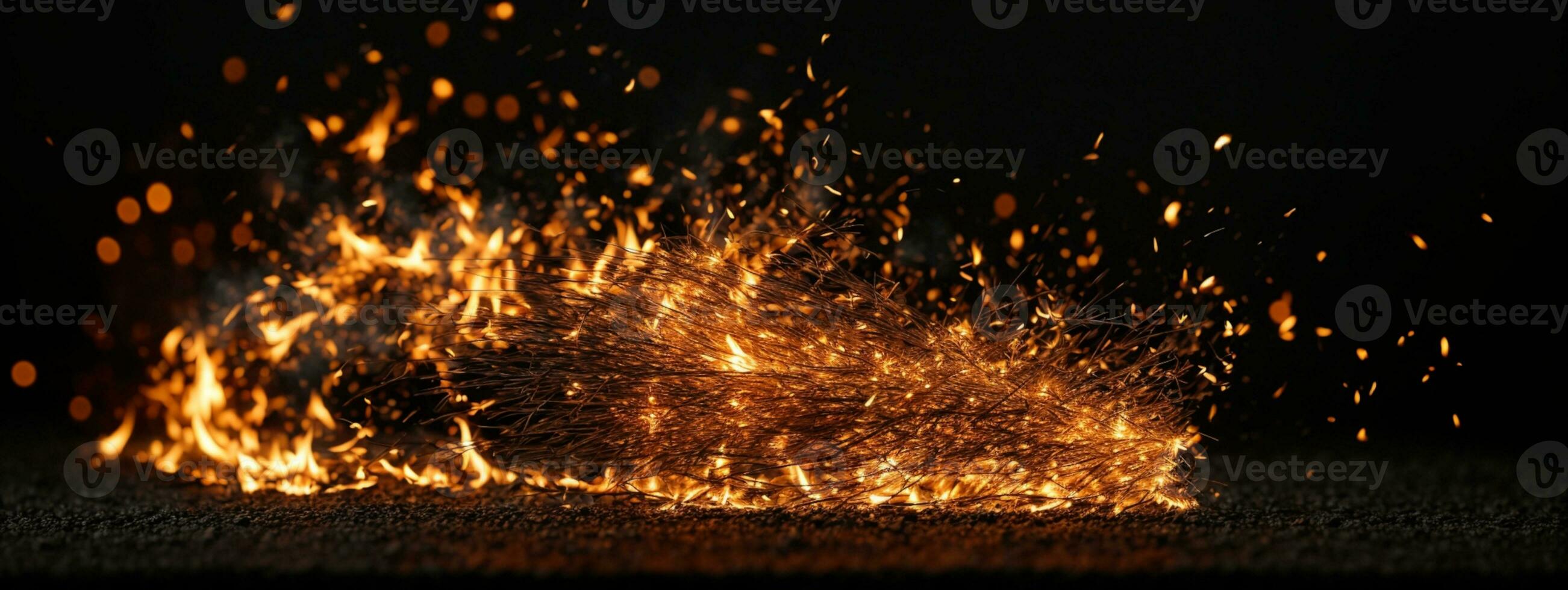 Detail of fire sparks isolated on black background. AI generated photo