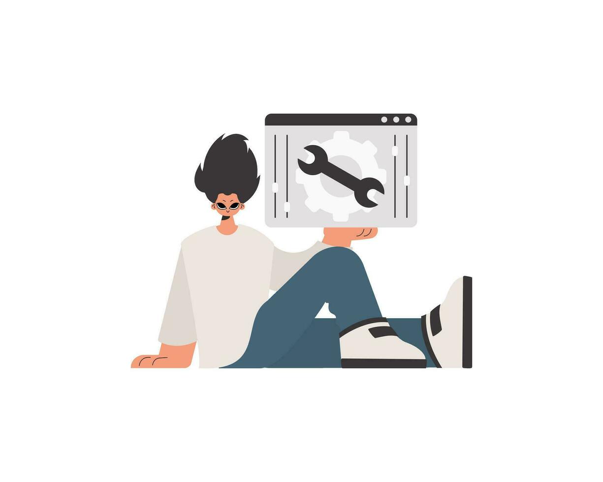 A man is sitting on the floor holding a computer screen vector