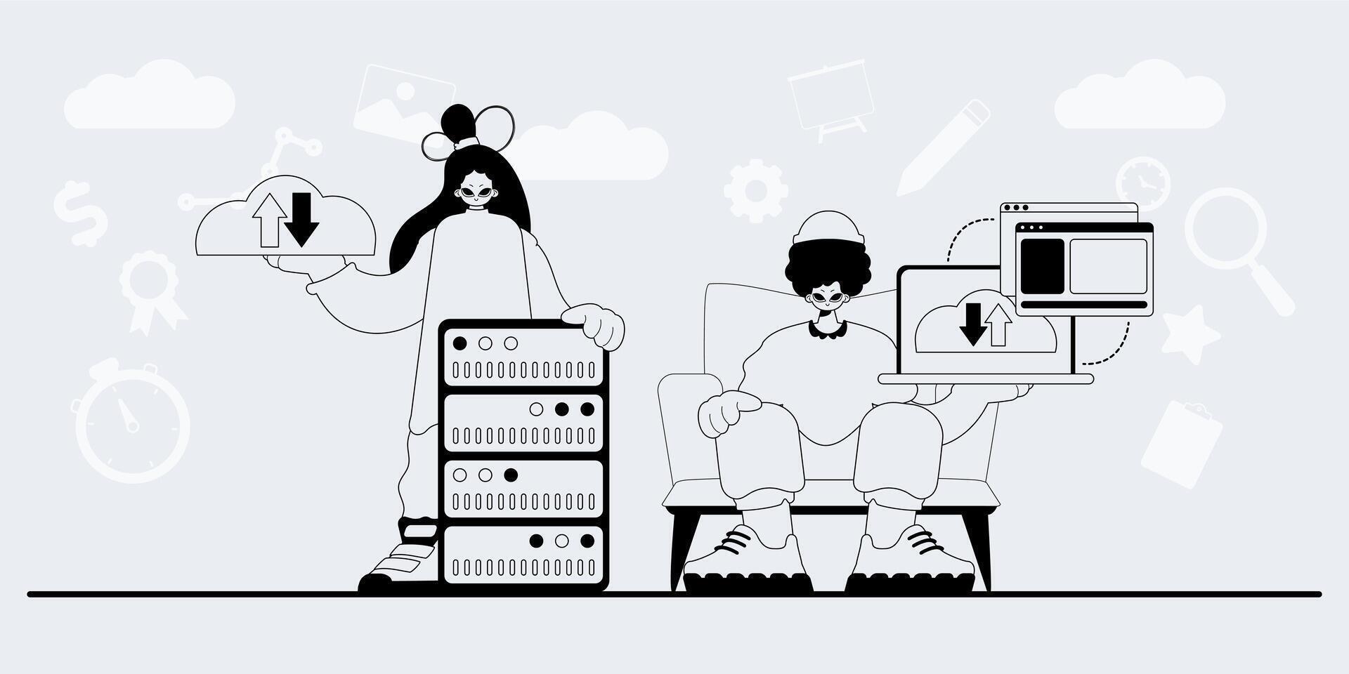 A cartoon illustration of two people sitting on a chair with a computer vector