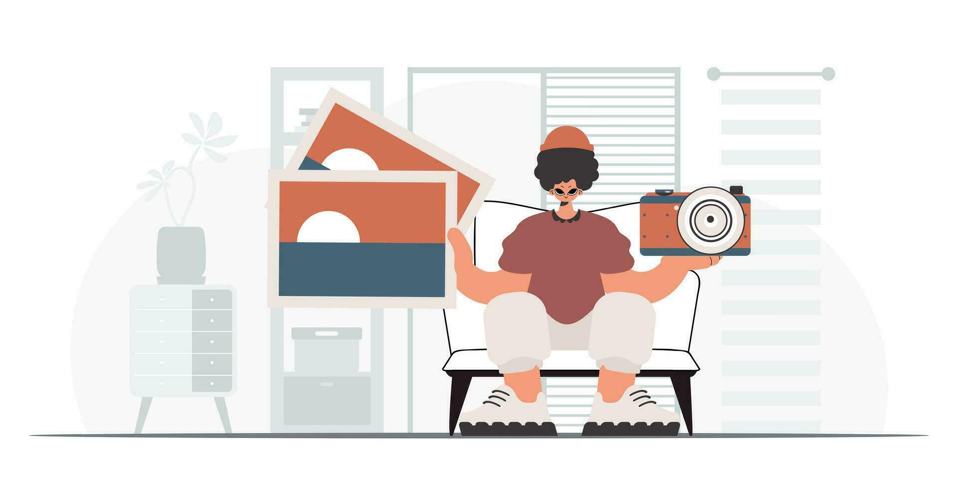 The individual holds a camera and photos in his hands. The concept of rest and travel. Trendy style, Vector Illustration