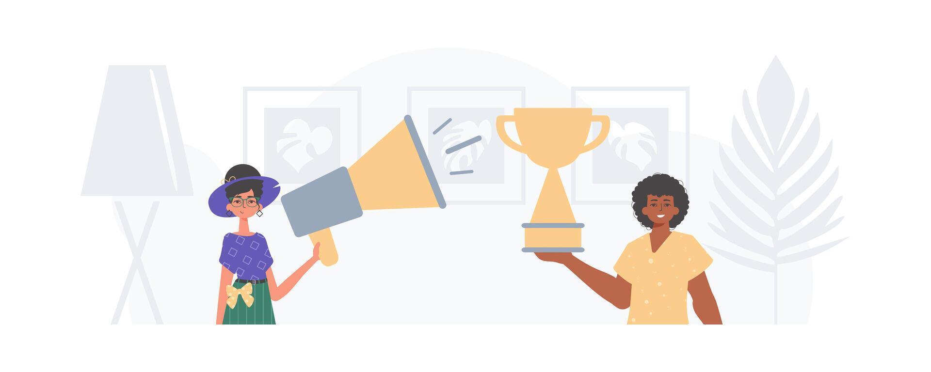 Two women holding up a trophy and a megaphone vector