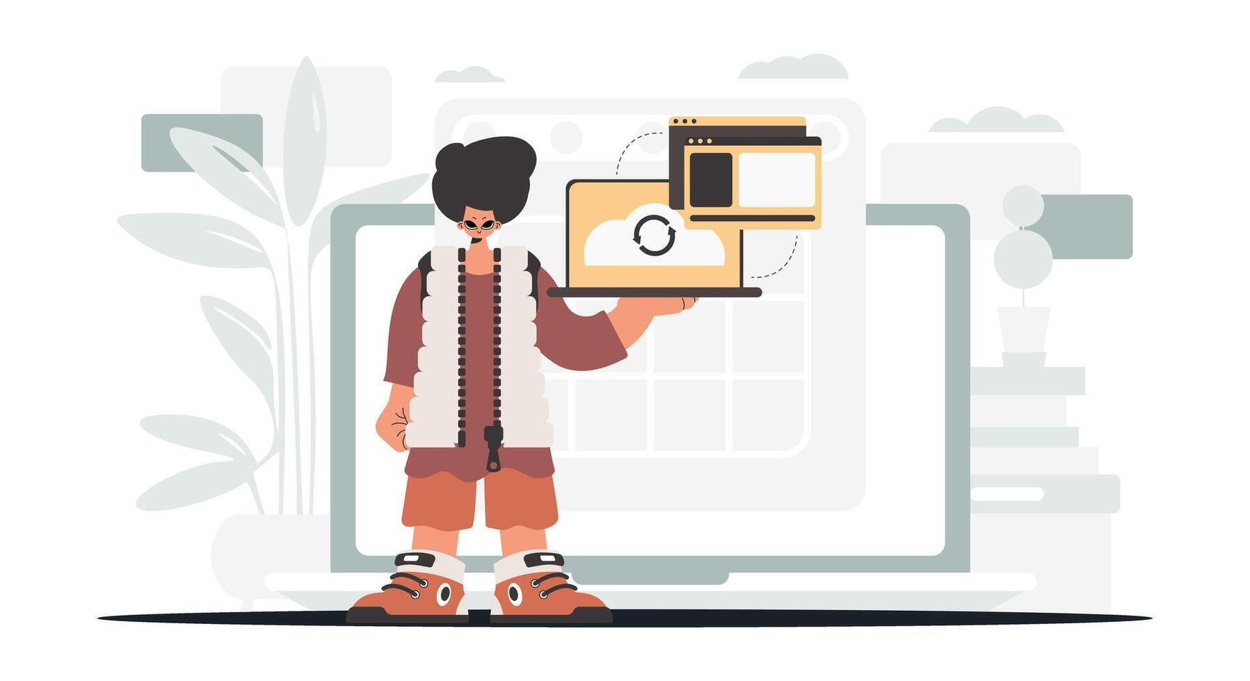 A man holding a laptop and a tablet vector
