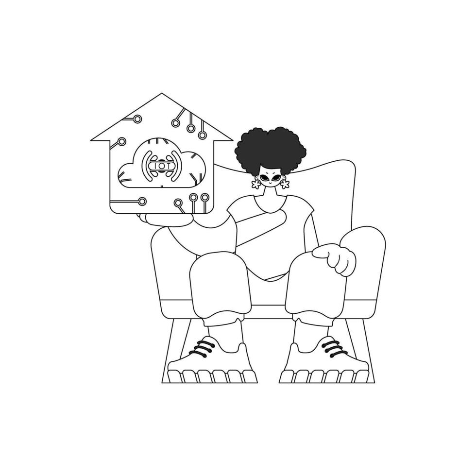 Girl grasps IoT logo in linear form vector
