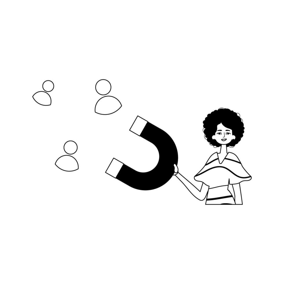 The girlfriend is holding a magnet that attracts contact . hour concept . black and egg white linear style. Trendy style, Illustration vector