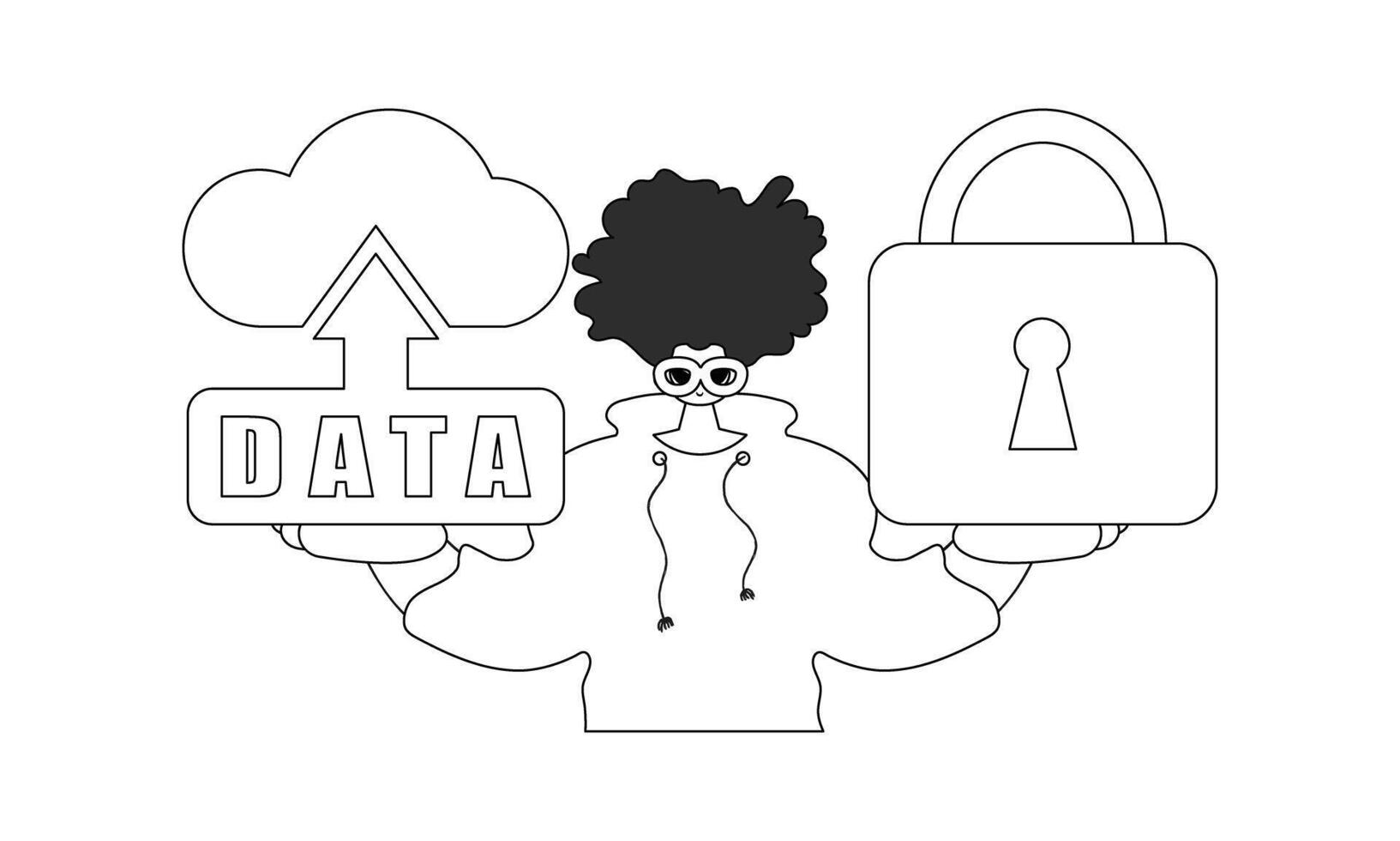 Guy is holding a logo of cloud storage for internet of things in a vector linear style