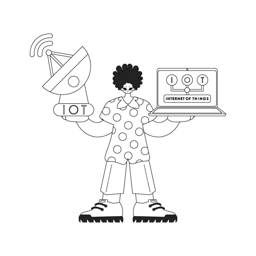 He's got an antenna and laptop to work on IoT data, in a linear fashion vector