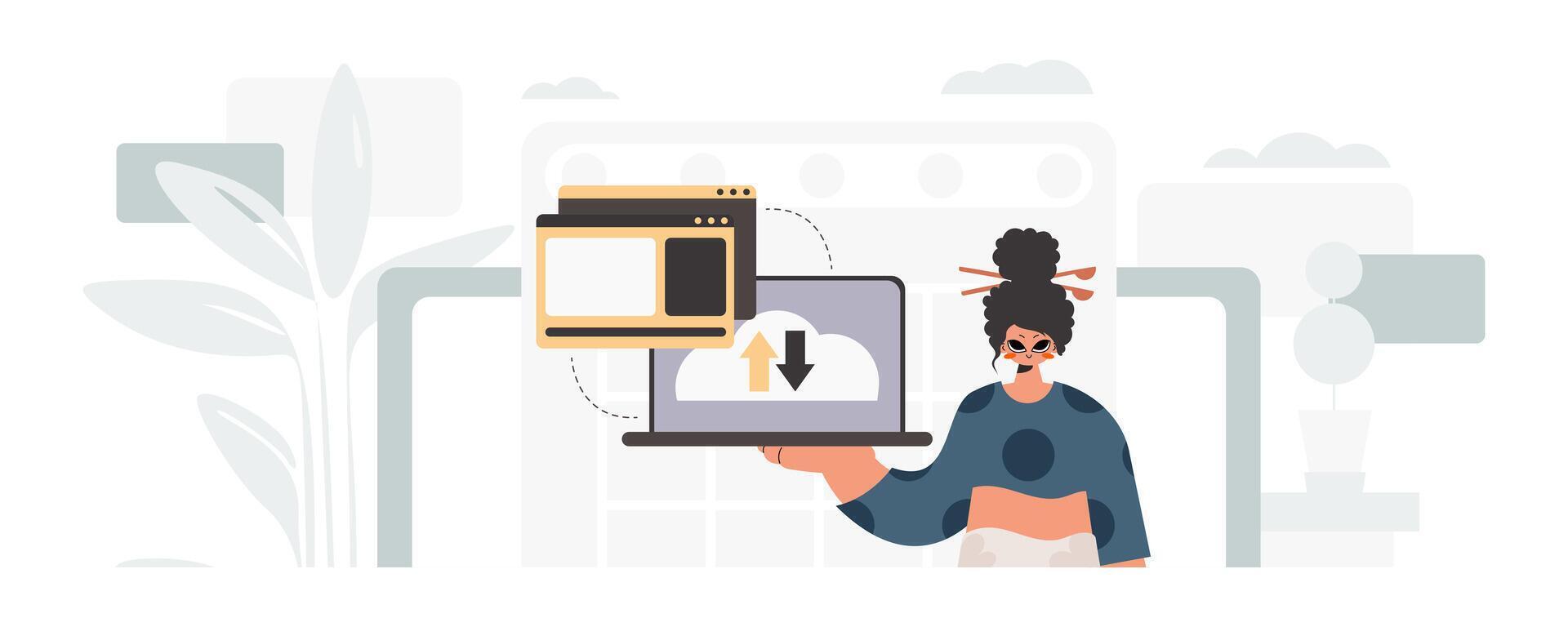 A woman holding a laptop with a computer screen on it vector