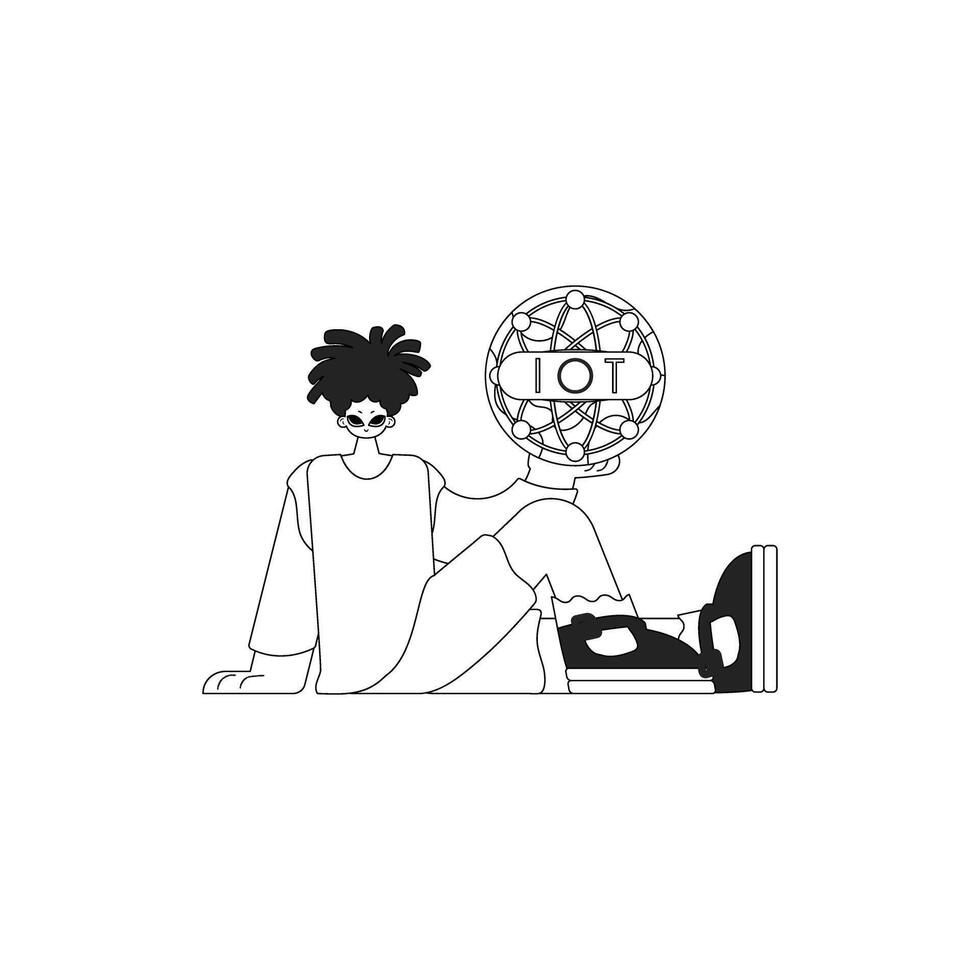 Person displaying an IoT logo in a , line drawn illustration vector