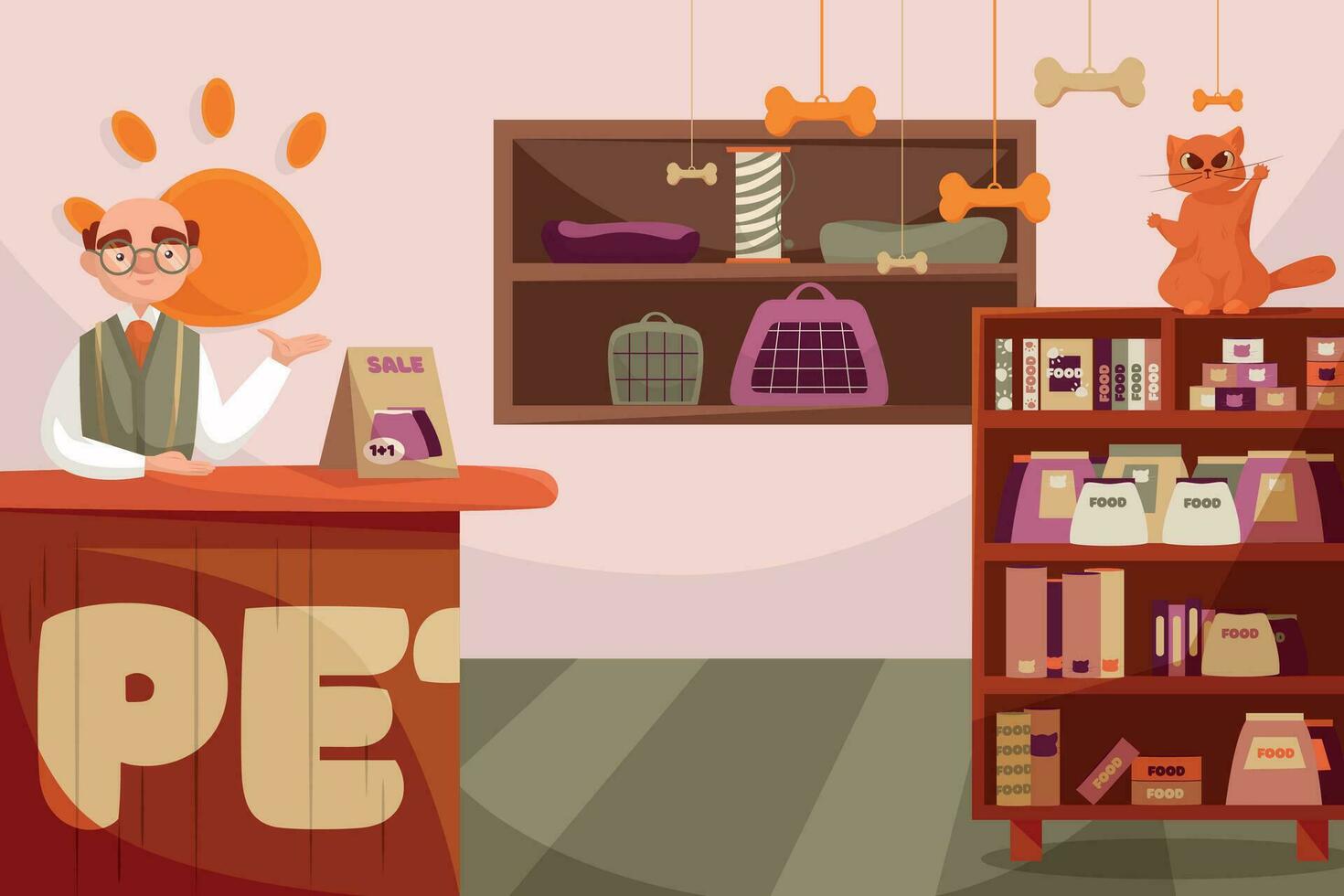 Illustration pet store, old man, cat, shelves, pet food, cartoon vector