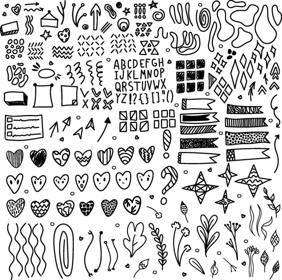 Set of abstract doodles, black and white, hand draw vector