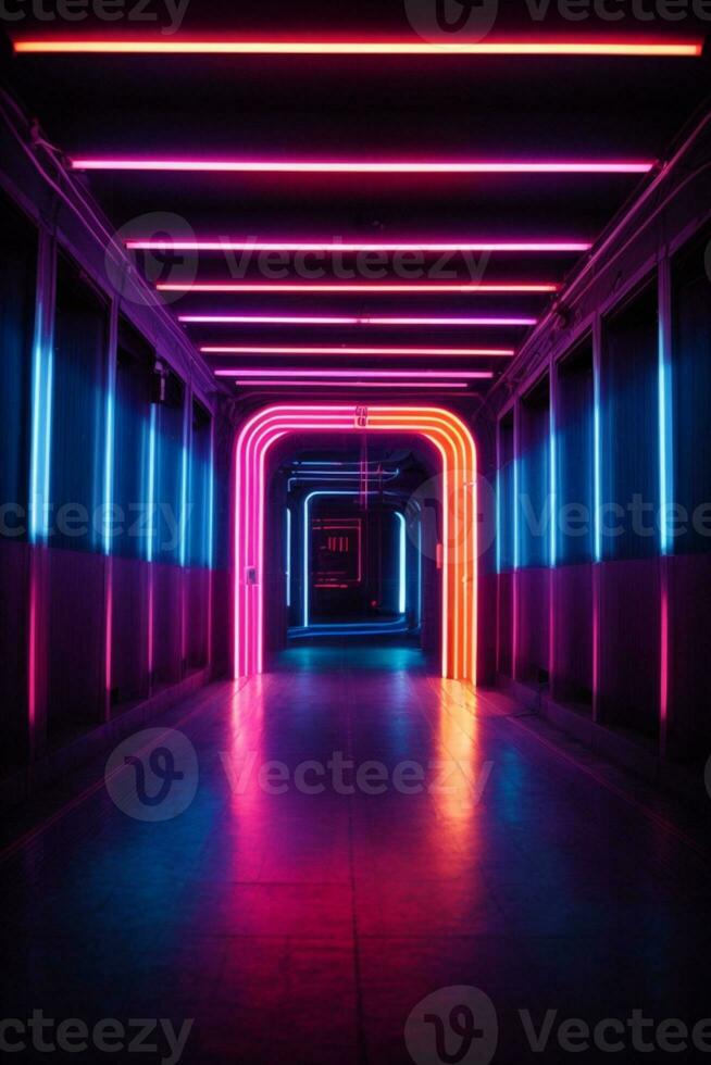3d render. Geometric figure in neon light against a dark tunnel. Laser glow.. AI generated photo