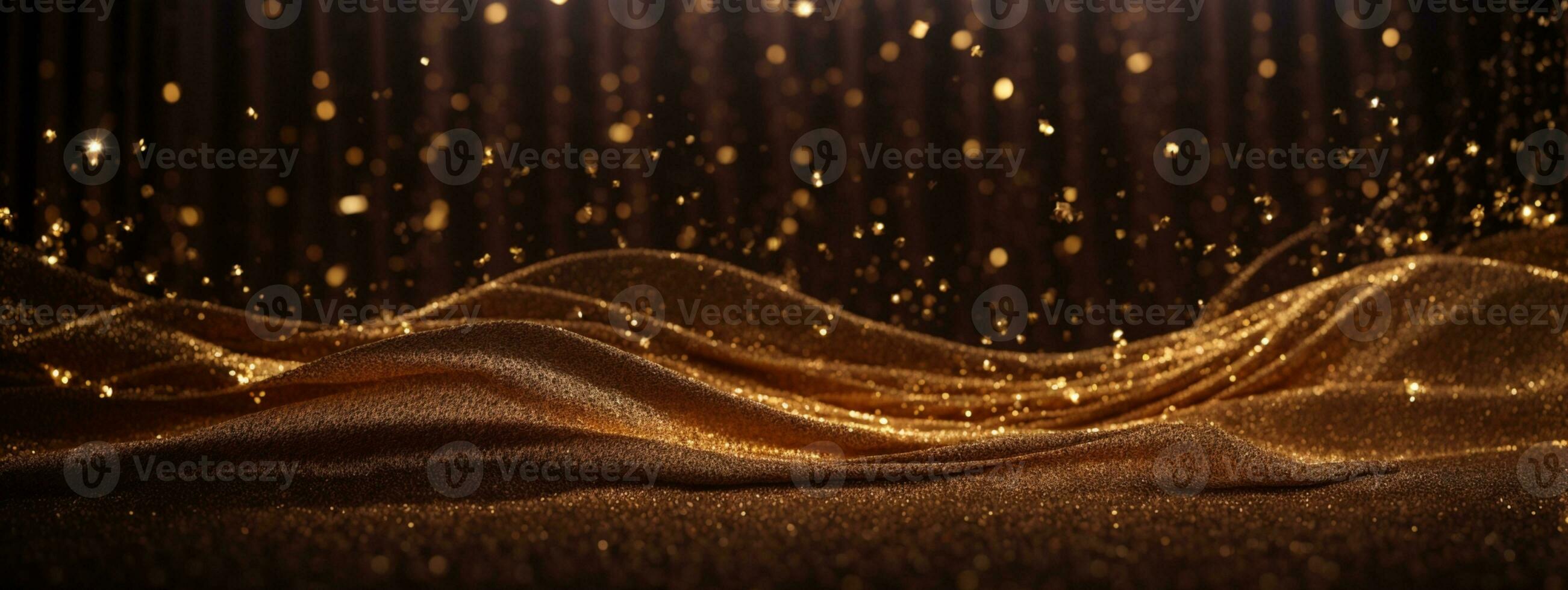 Dark brown background, digital signature with particles, sparkling waves, curtains and areas with deep depths. The particles are golden light lines.. AI generated photo