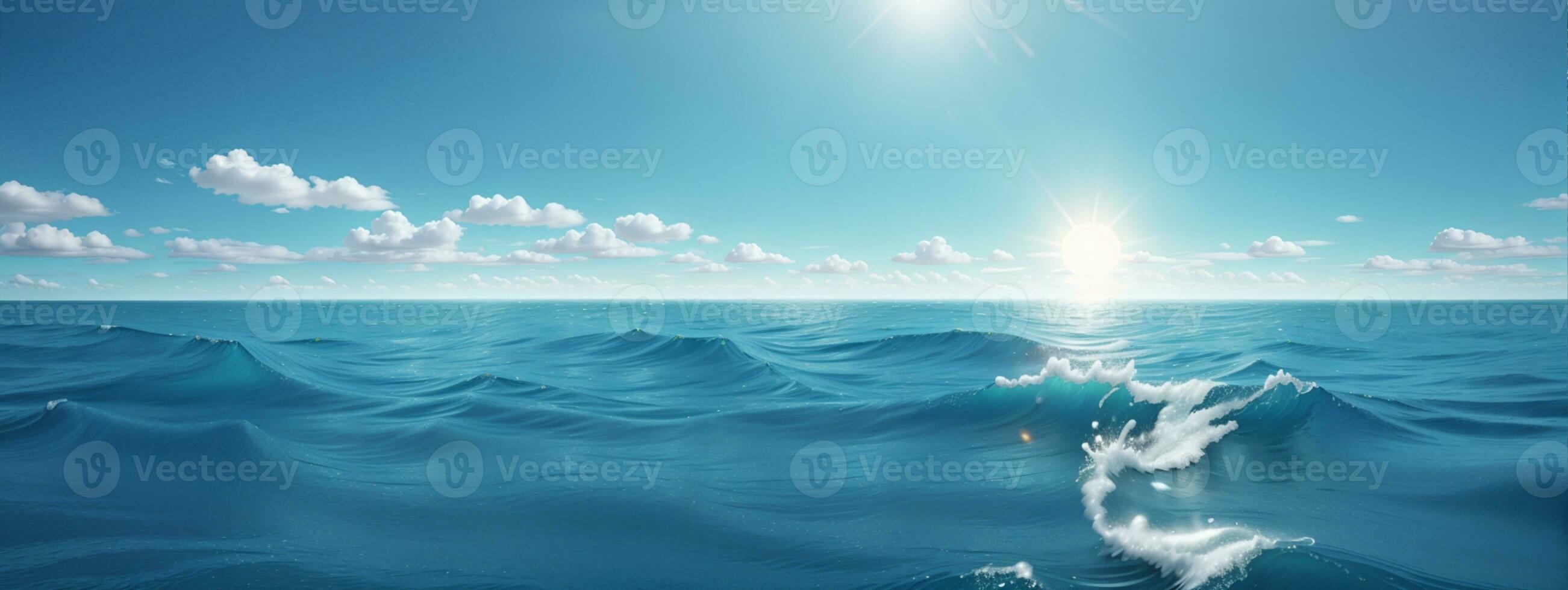 Blue ocean panorama with sun reflection, The vast open sea with clear sky, Ripple wave and calm sea with beautiful sunlight. AI generated photo