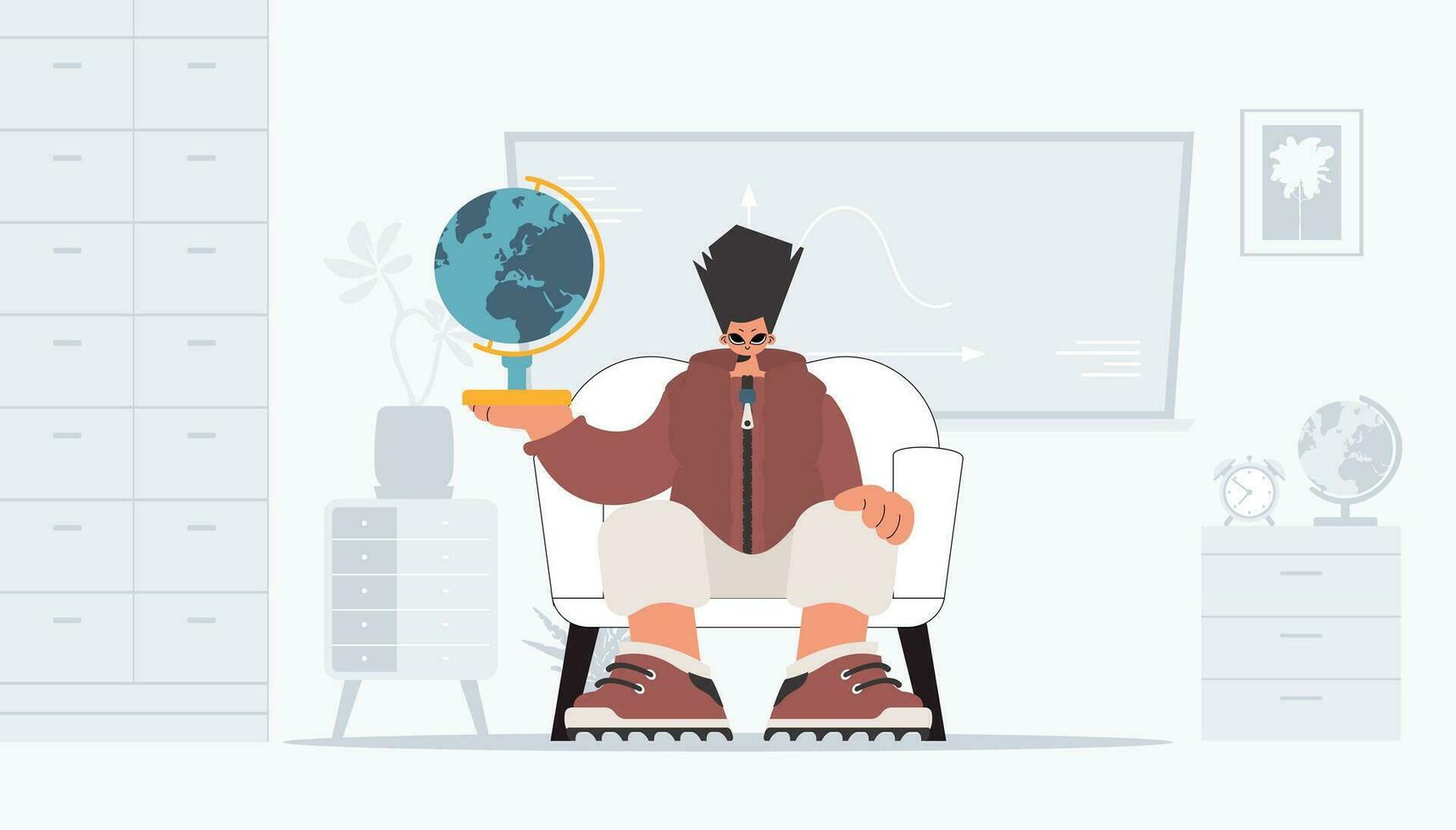The person is holding a huge globe, the subject of learning. Trendy style, Vector Illustration