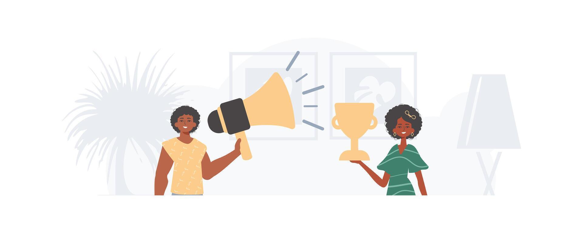 A man and woman holding up a trophy and a megaphone vector