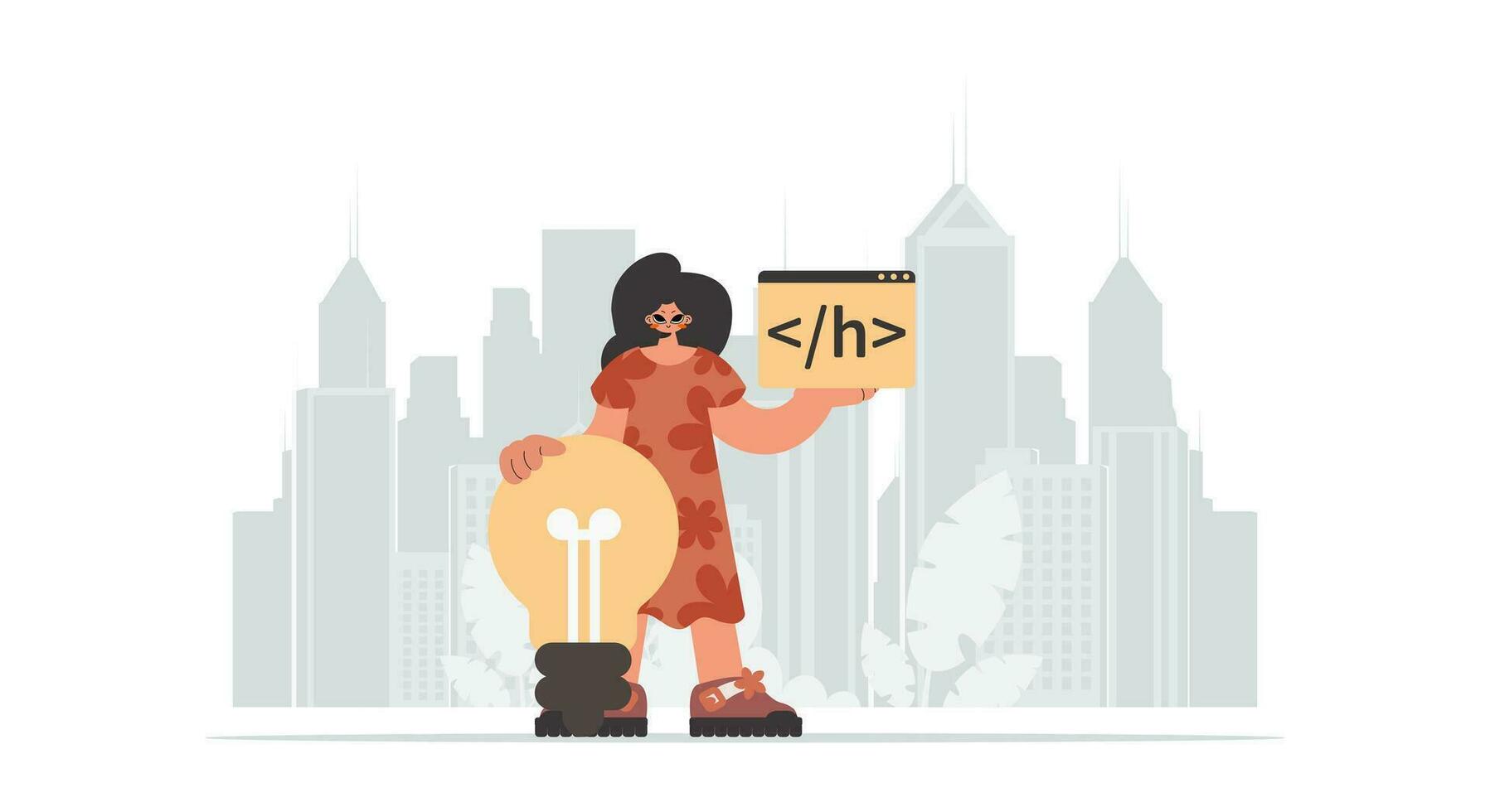 The exuberant woman is holding a browser window with a programming picture, and to boot standing near a colossal light bulb. Trendy style, Vector Illustration
