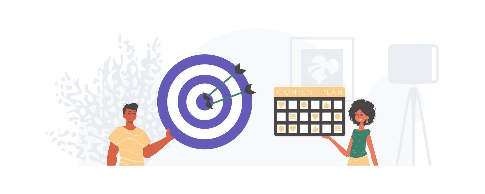 A man and woman are holding a dartboard with a target on it vector