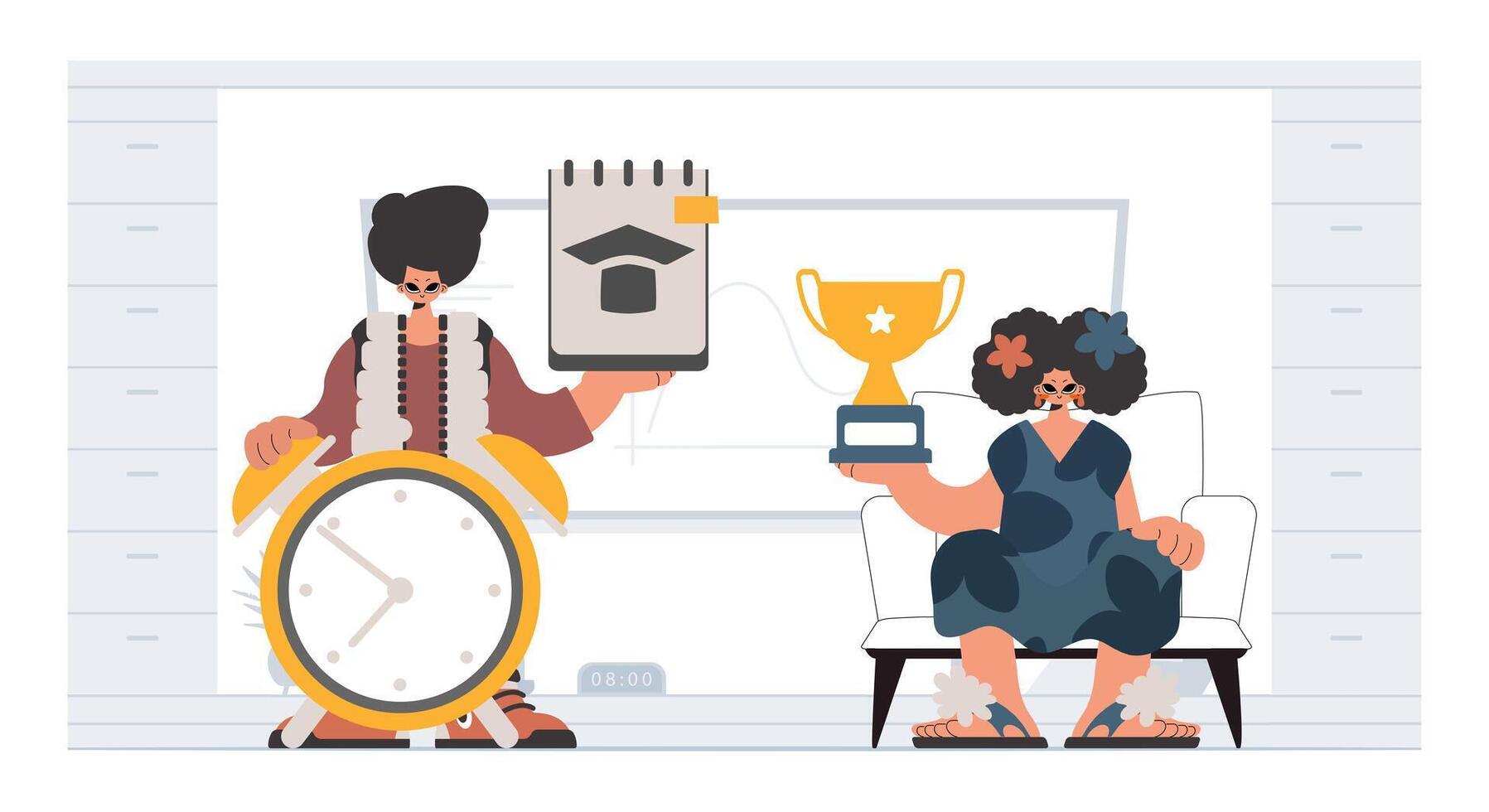 A cartoon illustration of two people sitting on a couch holding a clock and a trophy vector