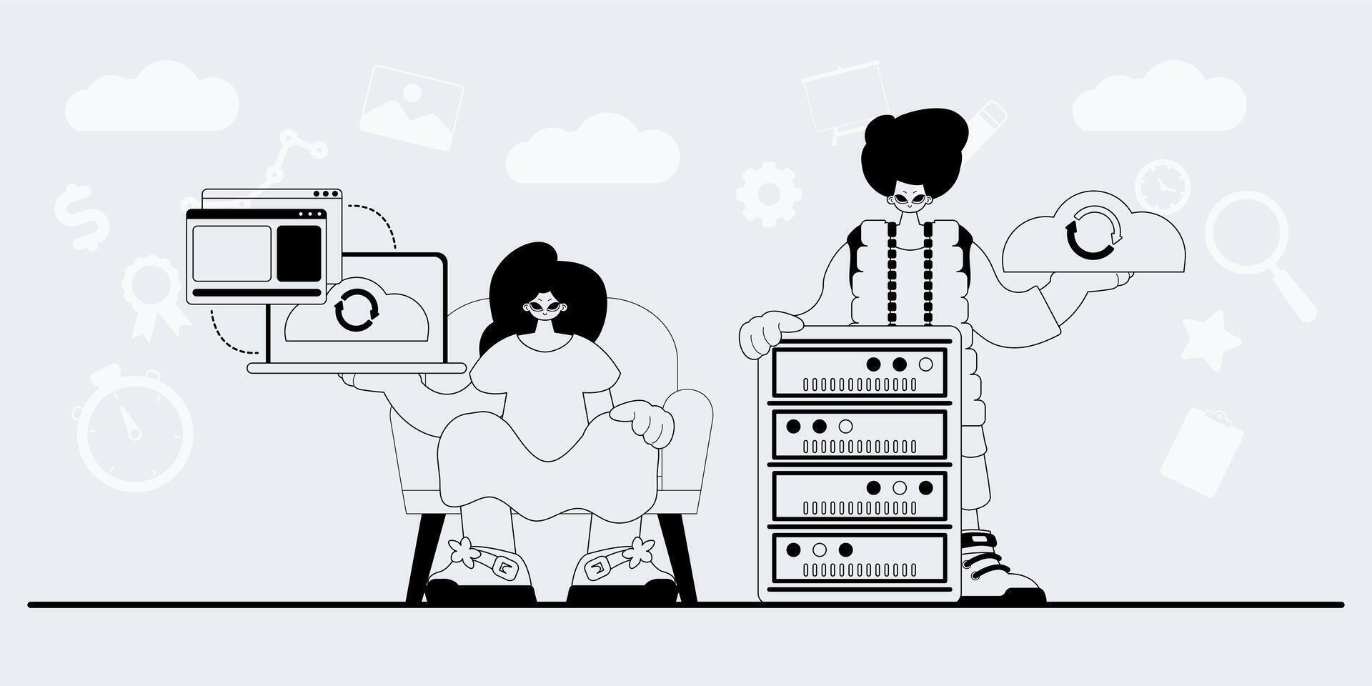 Two people are sitting in front of a computer with a stack of computers vector