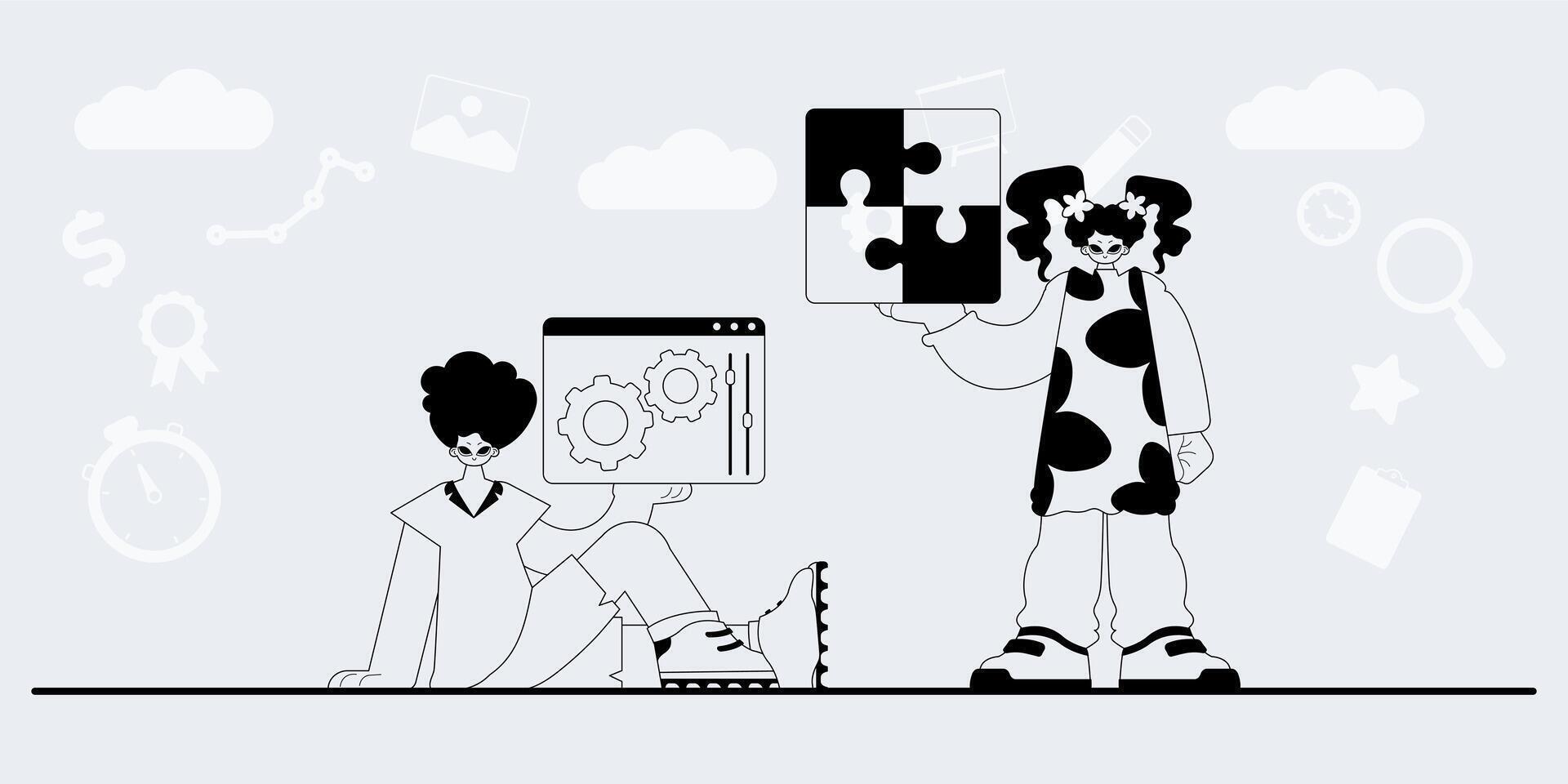 A cartoon illustration of two people holding up a puzzle piece vector