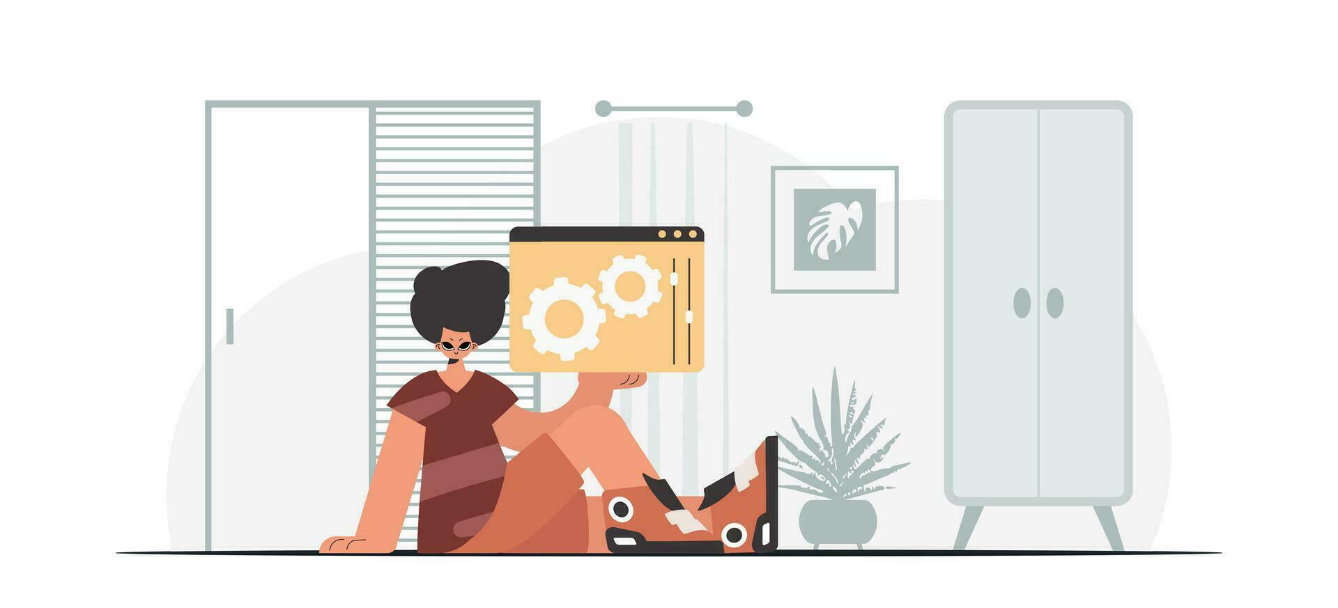 el persona es participación un navegador ventana con engranajes seo y web analizando sujeto. de moda estilo, vector ilustración