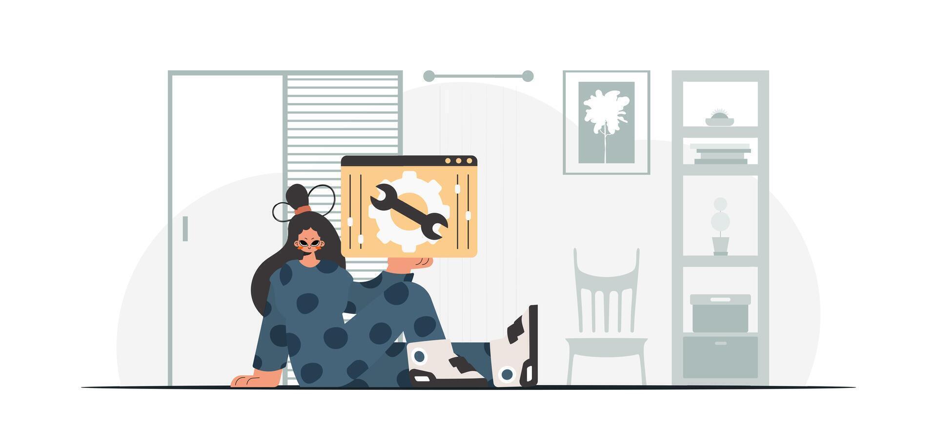 el animado mujer es participación un navegador ventana con engranajes seo y web analizando punto. de moda estilo, vector ilustración