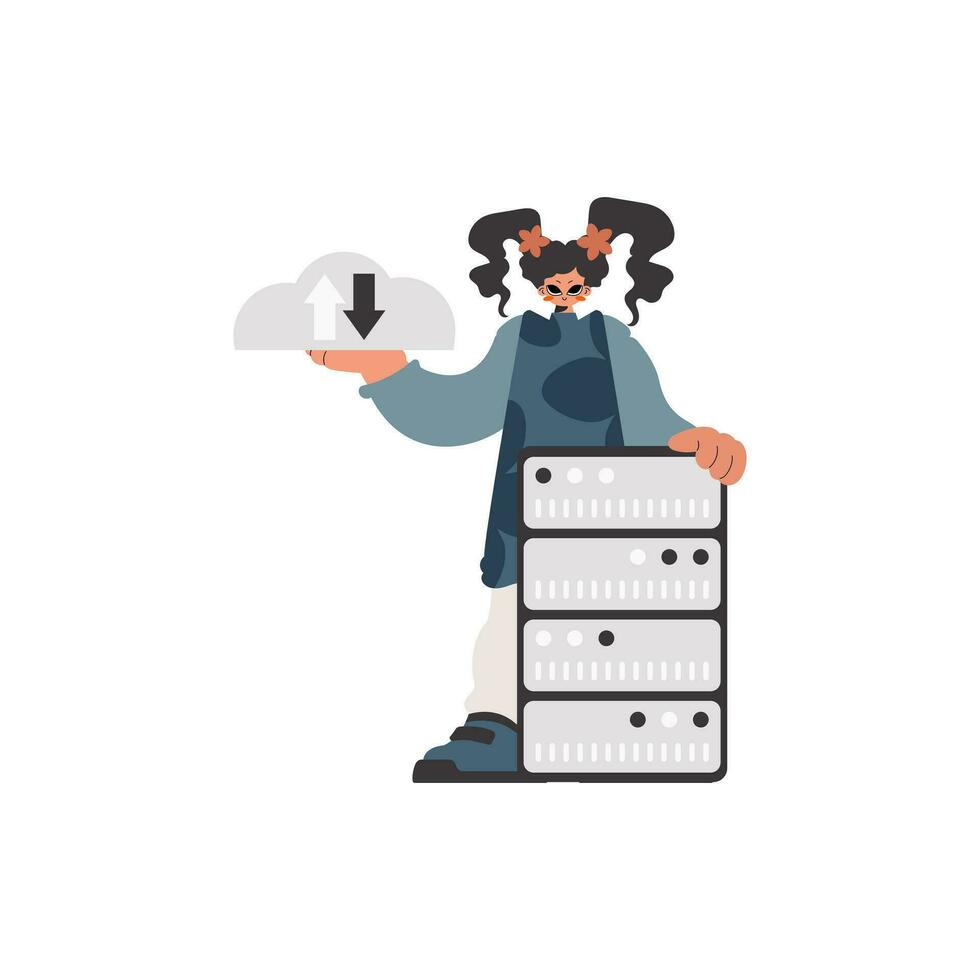 The youthful woman is holding a data cloud and a server. Restricted. Trendy style, Vector Illustration
