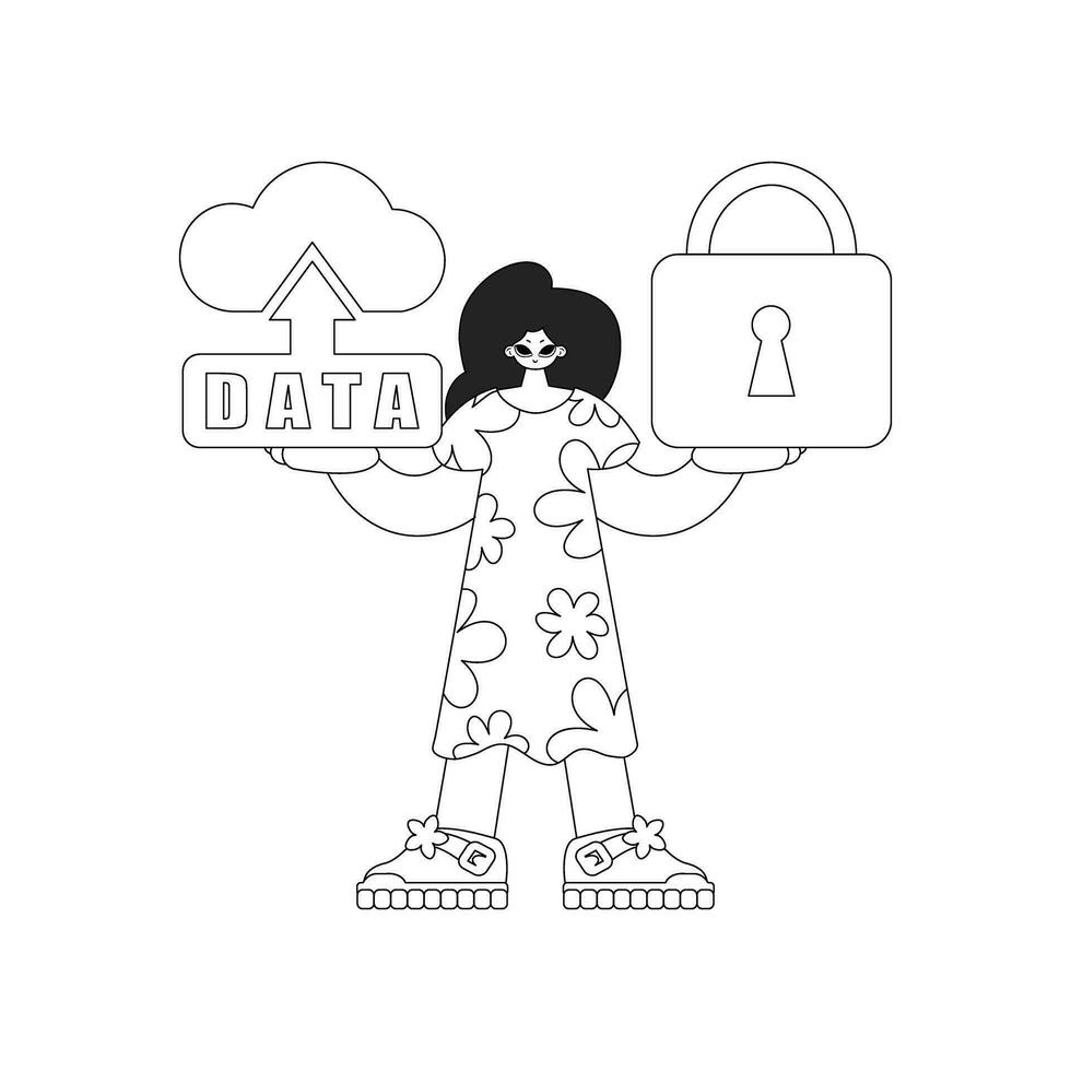 Girl holds vector linear logo for cloud storage of the Internet of Things