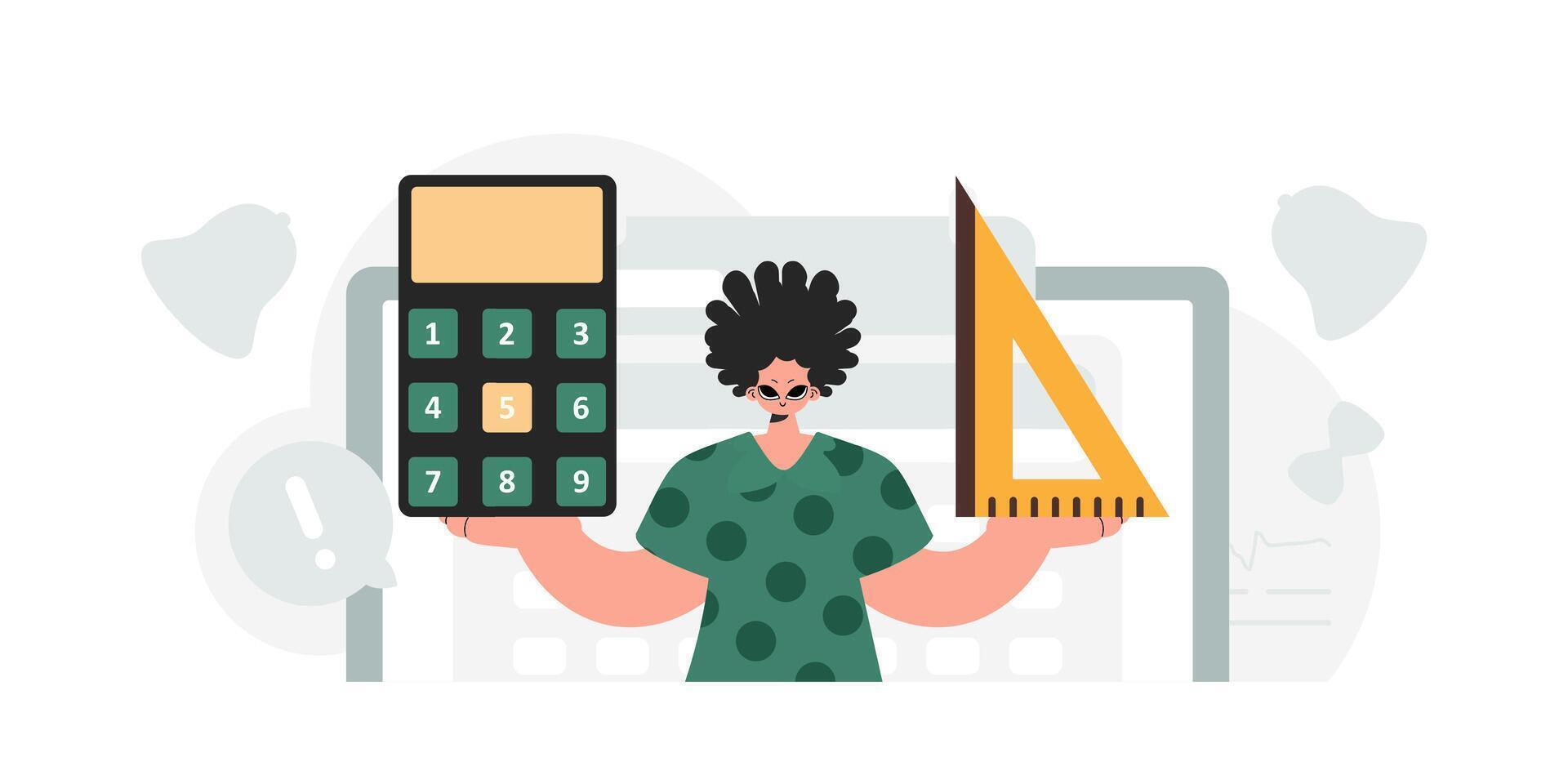 The person is holding a ruler and a calculator, learning subject. Trendy style, Vector Illustration