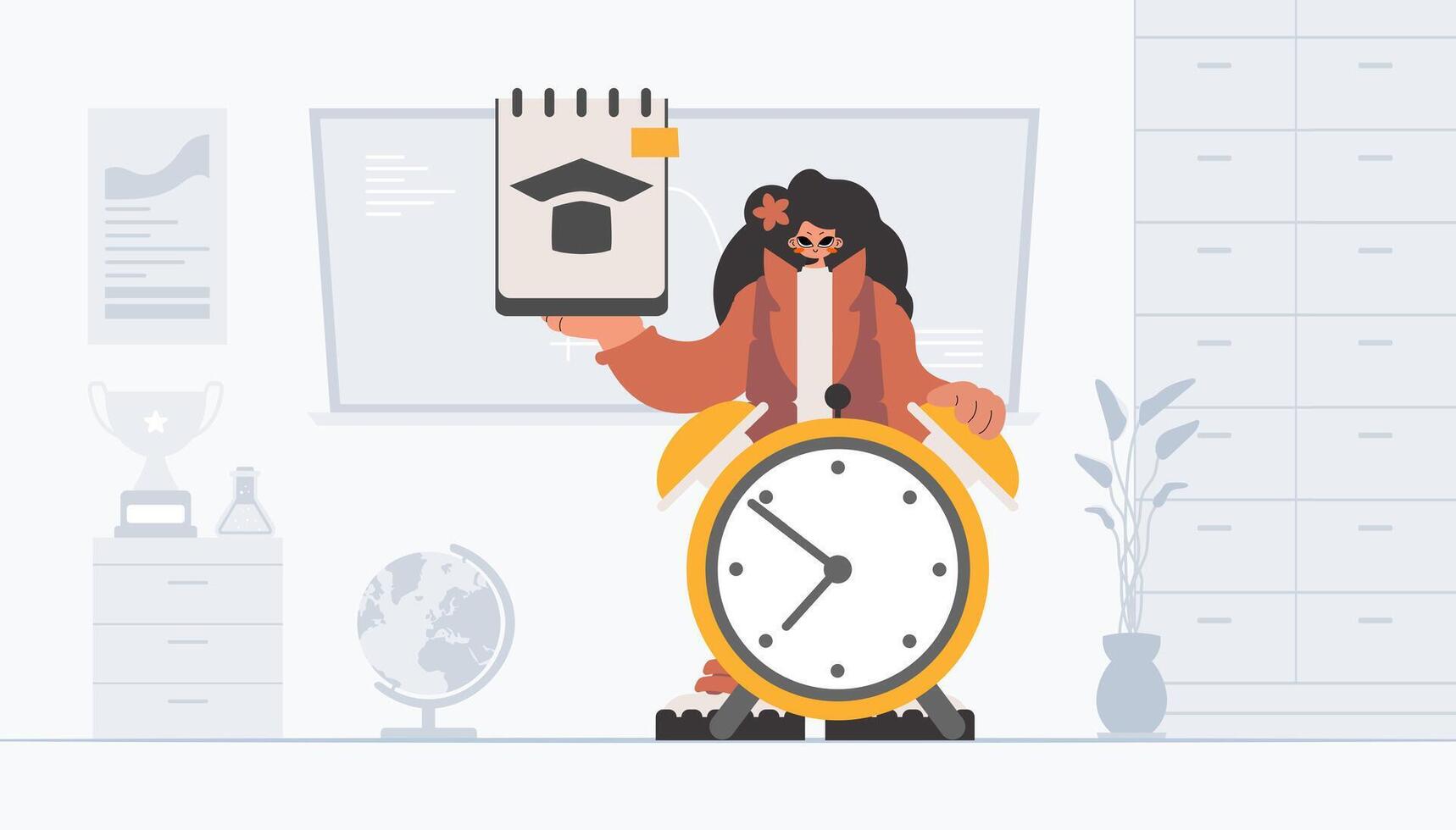 Energized woman with one of a kind and caution clock, learning subject. Trendy style, Vector Illustration