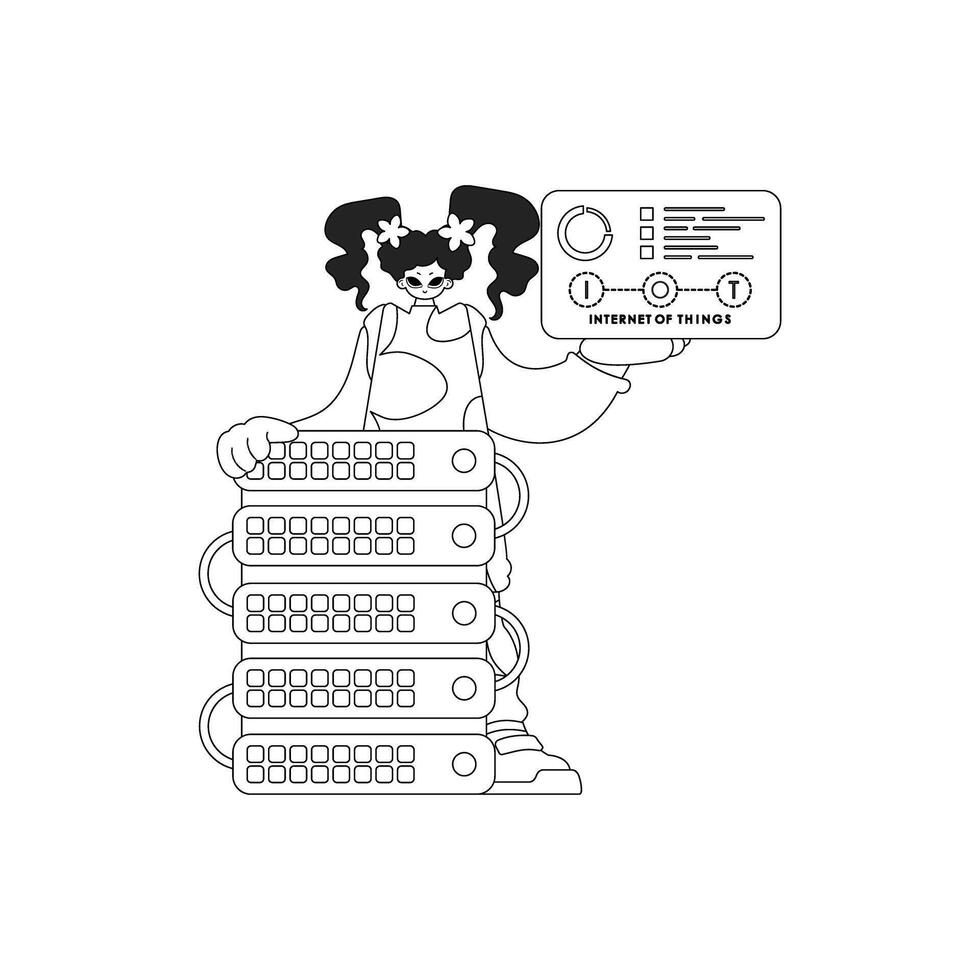 Girl interacting with Cloud Storage for IoT, in Linear Form Illustration vector