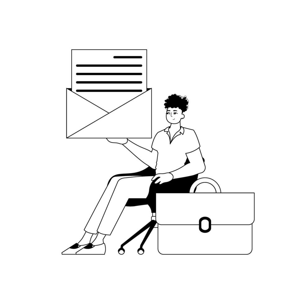 The guy is holding a letter . subject of important message . black and white linear style. Trendy style, Vector Illustration