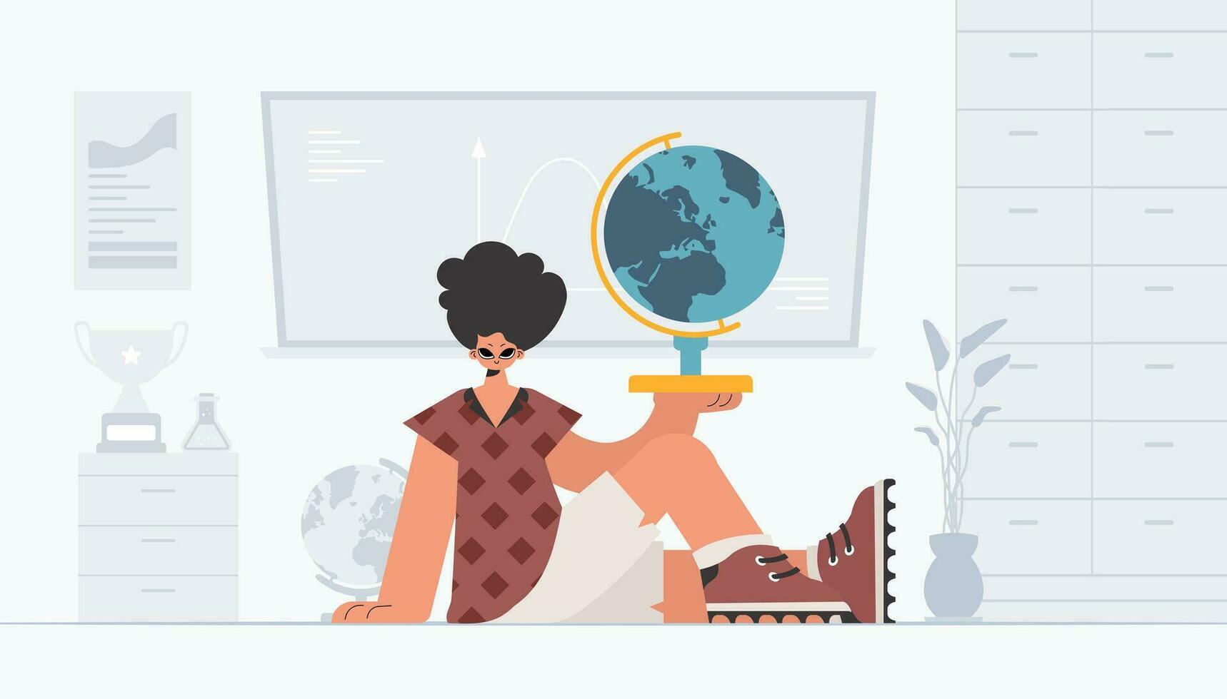 The person is holding a colossal globe, the subject of learning. Trendy style, Vector Illustration