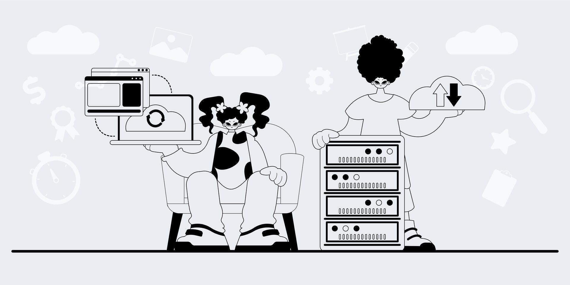 A cartoon illustration of two people sitting on a computer vector