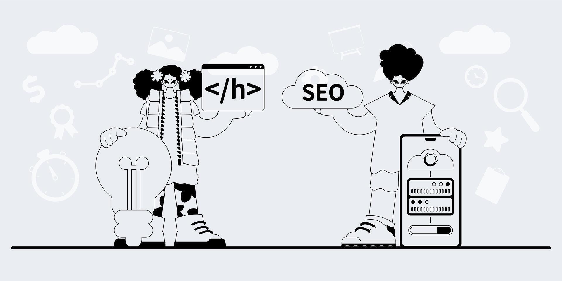 Two people holding up a laptop and a phone vector