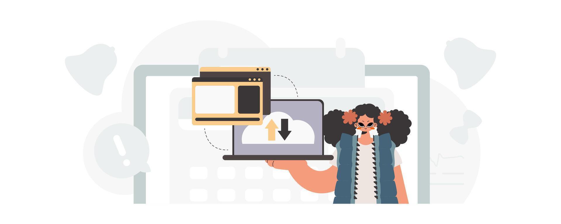 A woman holding a laptop and a phone vector