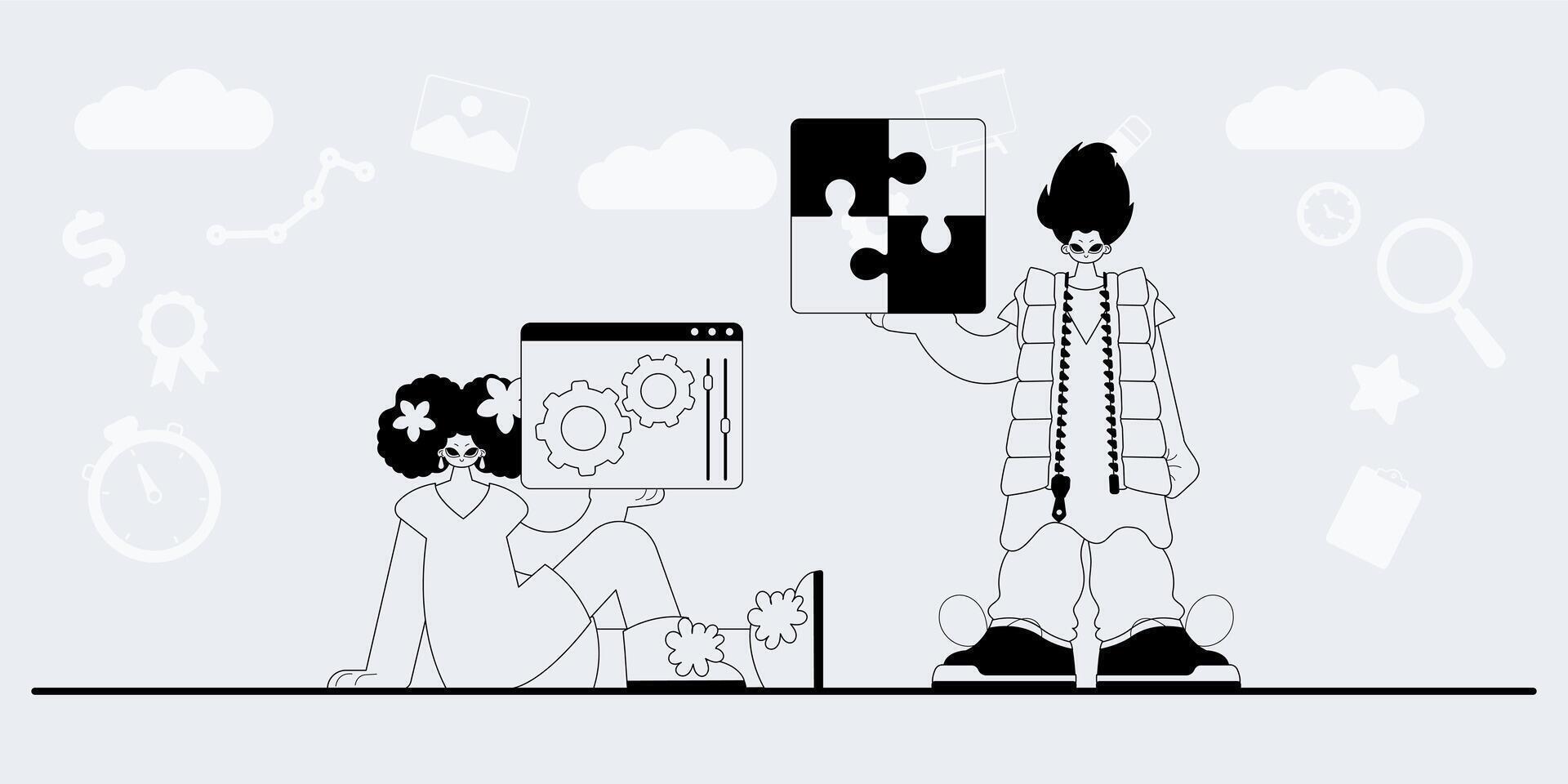 A man and woman are holding a puzzle piece vector