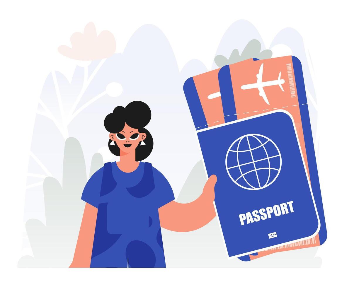 A woman holding a passport and an airplane vector
