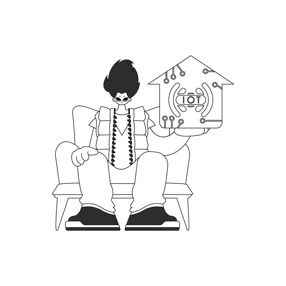 A man with a logo depicting the Internet of Things, in a linear style vector