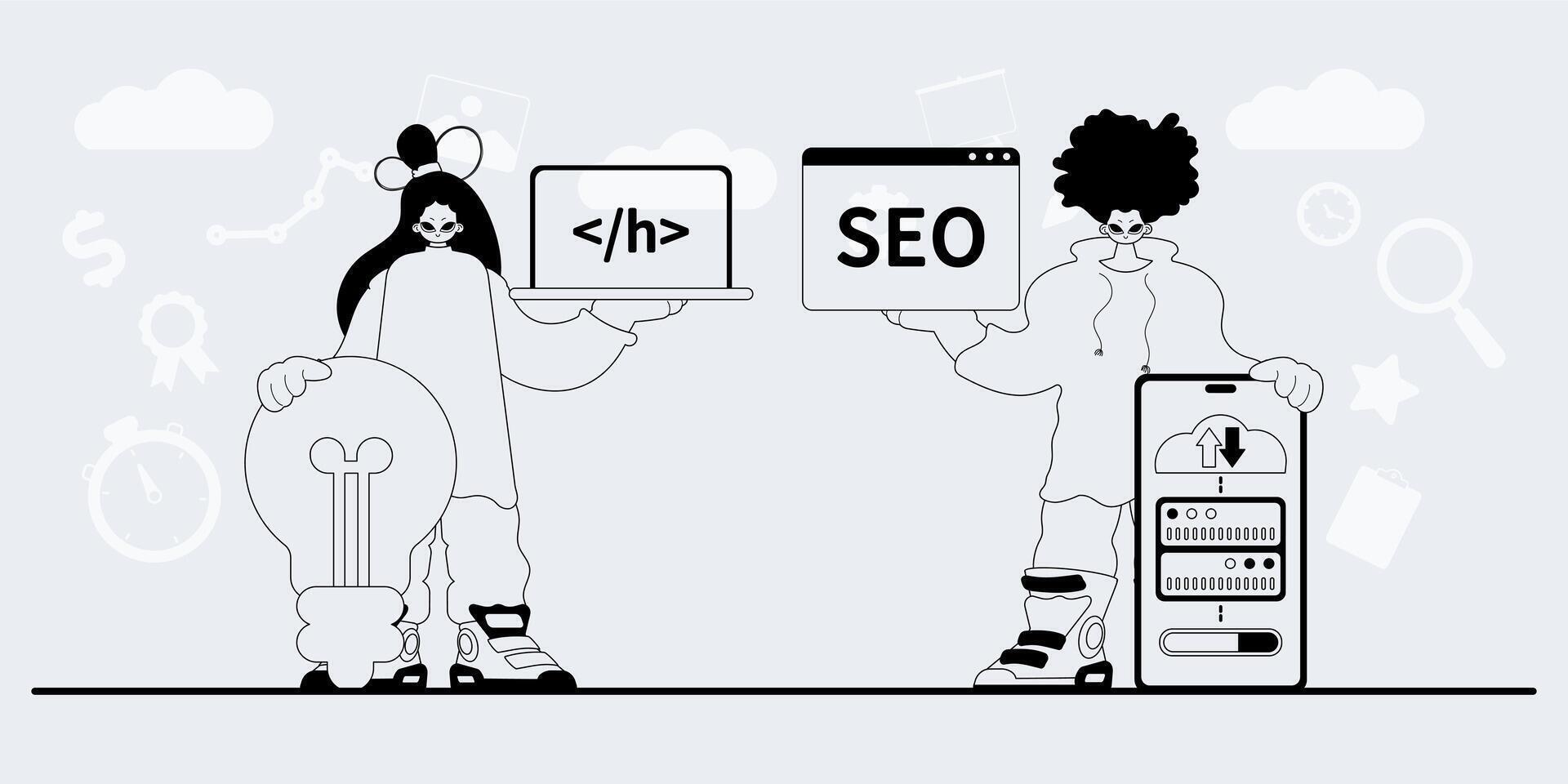 Two people holding up a laptop with the words seo and seo vector