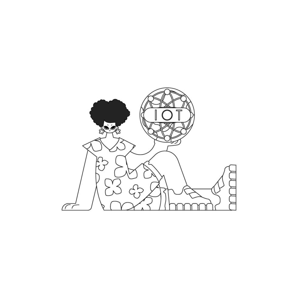 A girl grasping a logo depicting the internet of things in a linear style vector
