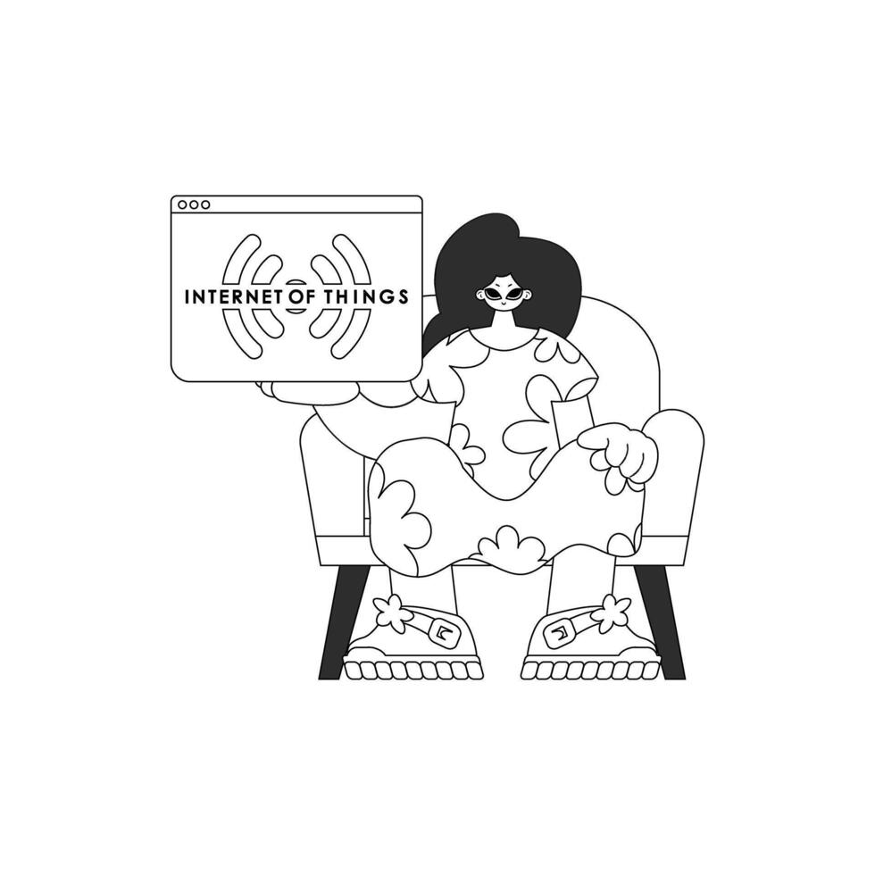 Girl displaying an IoT logo in vector linear design