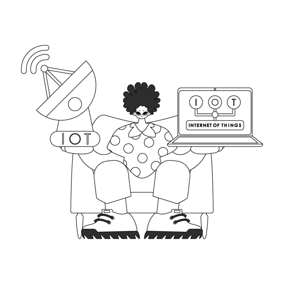 A cartoon man sitting on a couch with a laptop and a satellite dish vector