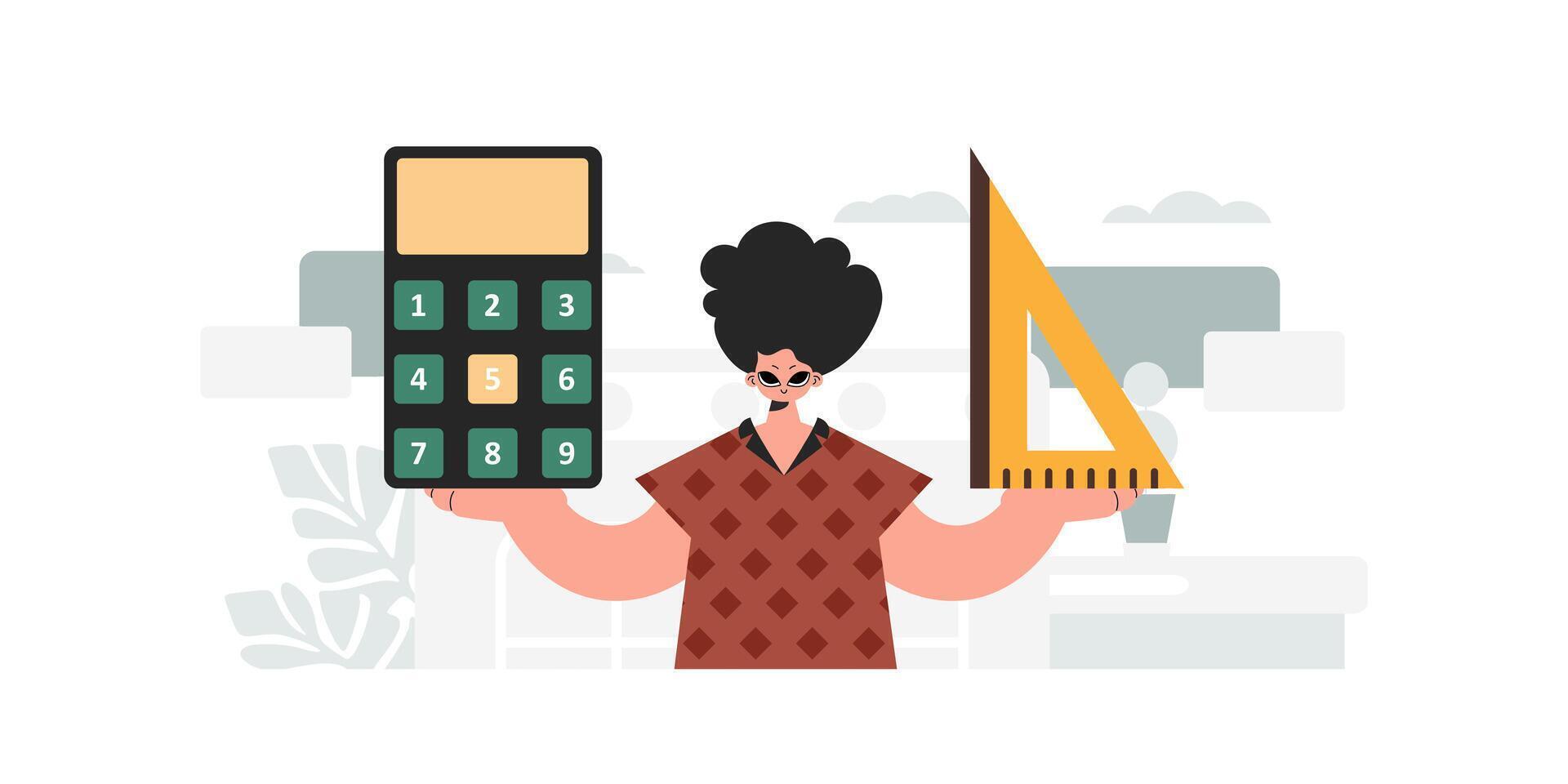 The person is holding a ruler and a calculator, learning subject. Trendy style, Vector Illustration