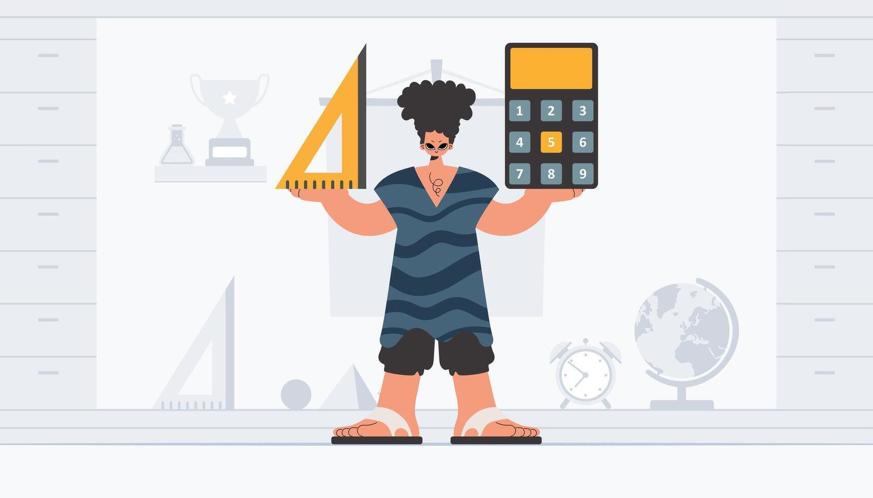 The individual is holding a ruler and a calculator, learning subject. Trendy style, Vector Illustration