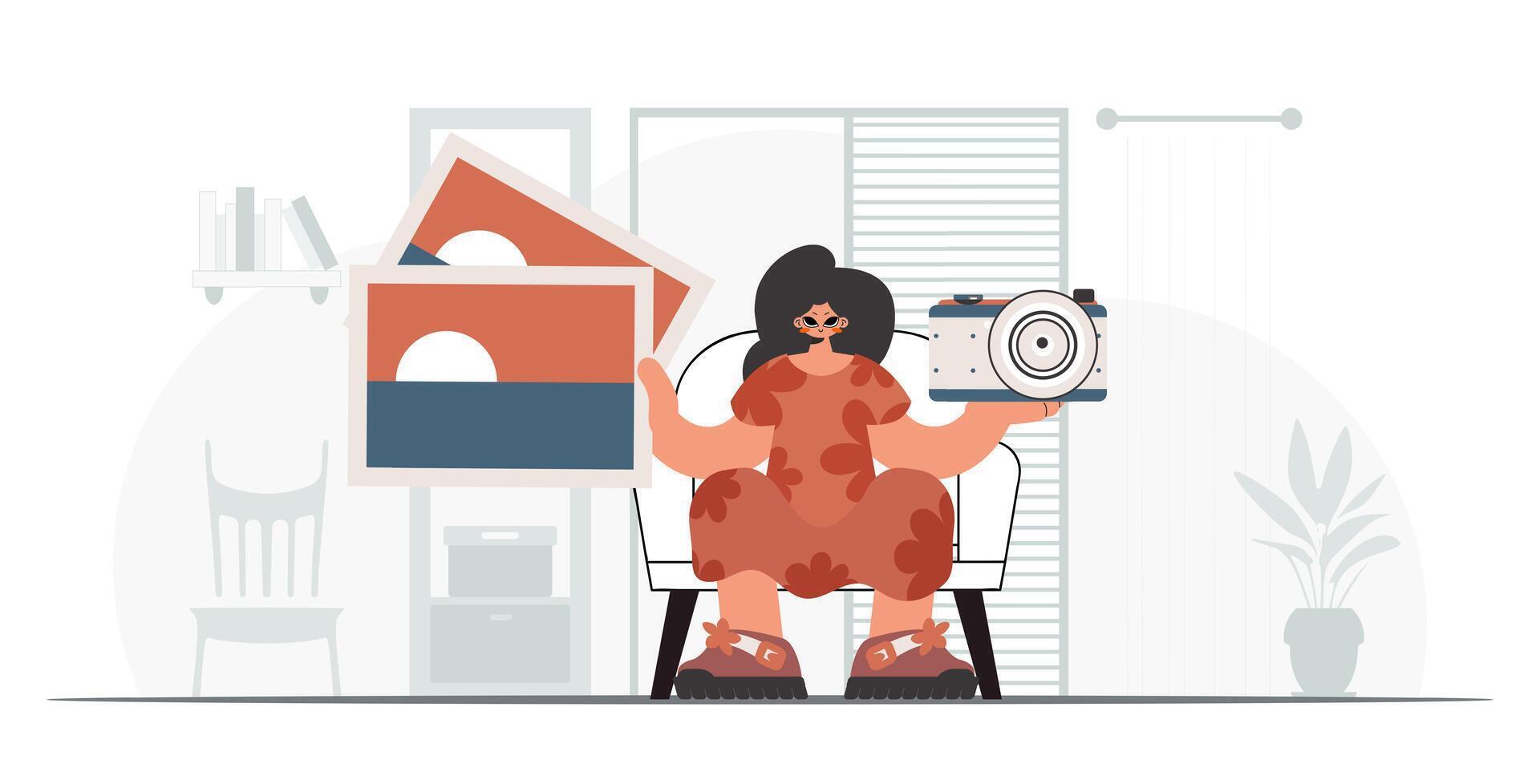 A woman is holding a camera and a box vector
