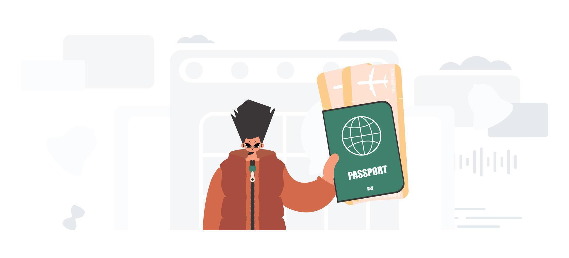 el individual sostiene un en todo el mundo carné de identidad y hablar acerca de Entradas en su manos. el concepto de descanso y viajar. de moda estilo, vector ilustración